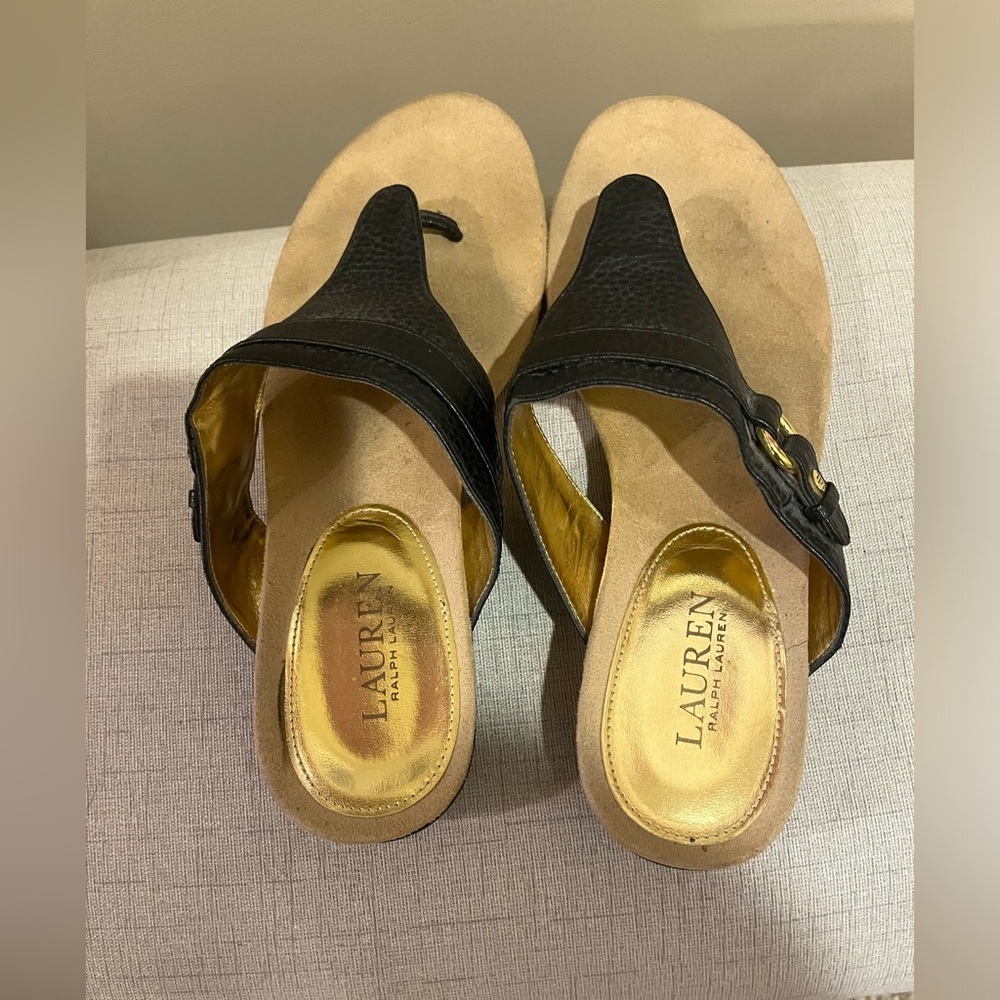 Lauren KENDRA Sandals Genuine Leather, Black with Gold Accents, size 9 - Picture 2 of 5